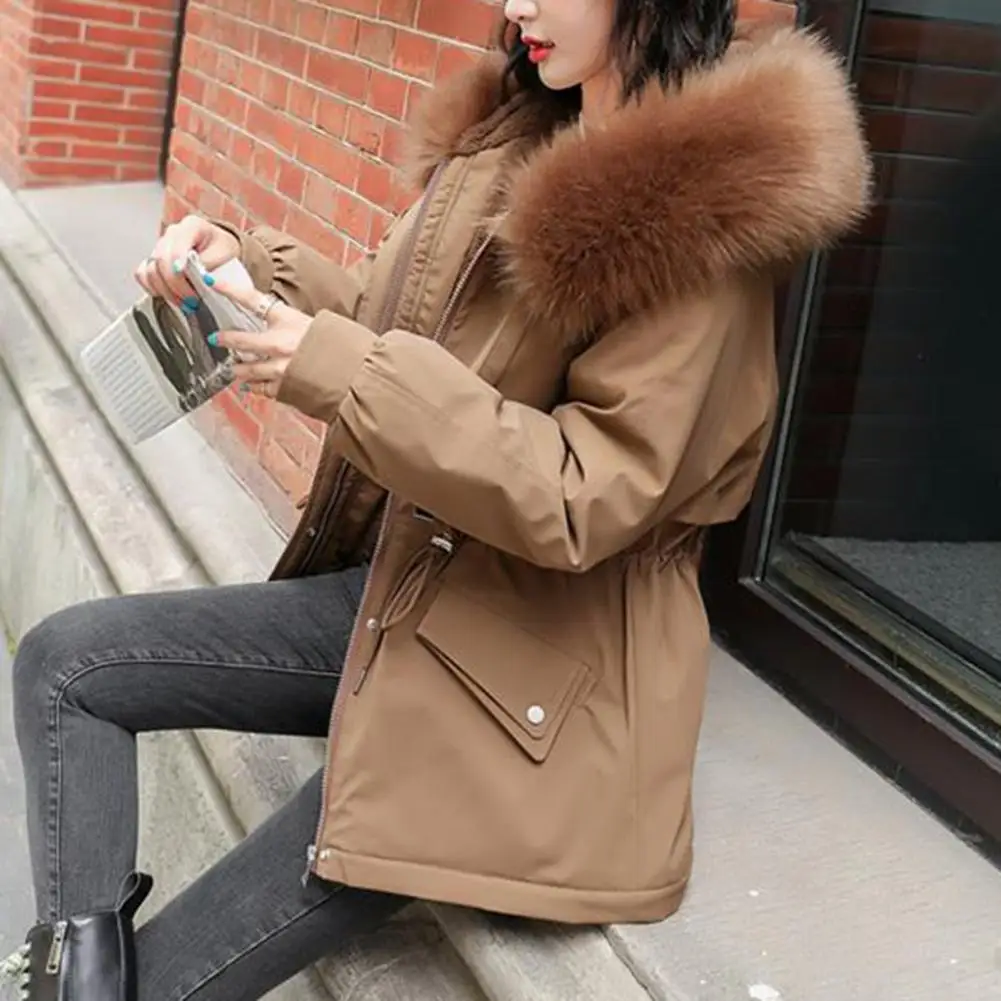 

Fashion Cotton Padded Coat Waist Drawstring Warm Winter Jacket Fleece Lined Hooded Mid-Length Jacket Coat