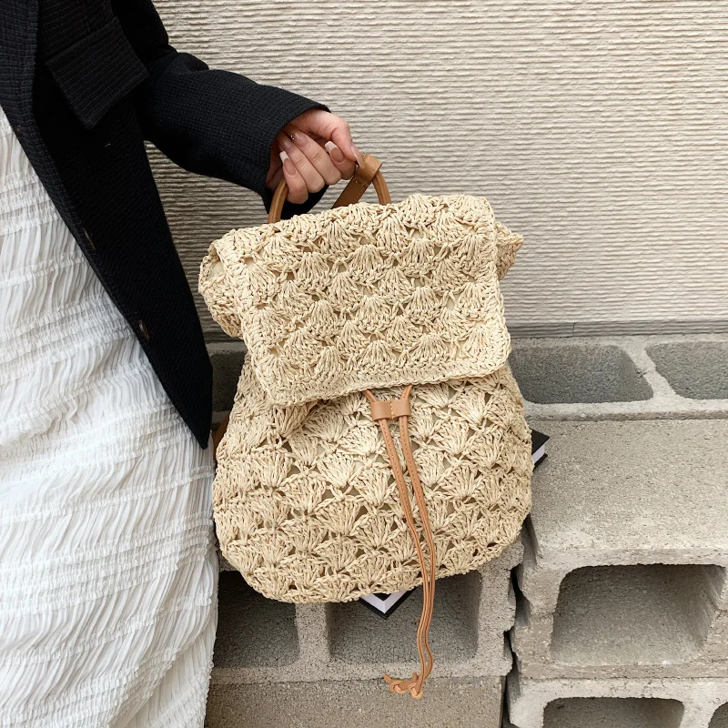 Straw Backpack for Women Design Casual Woven Rattan Travel Bagpack Beach Holiday Style Female Knit Drawstring Korean Rucksack