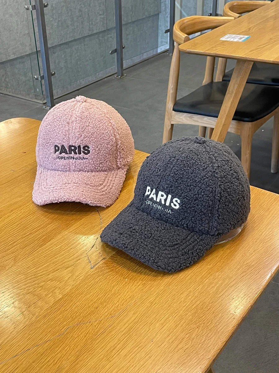 

Winter Lamb Fur Peaked Cap Female Letter Embroidery Thickening Warm Plush Baseball Cap Male Korean Style All-Match Fashion