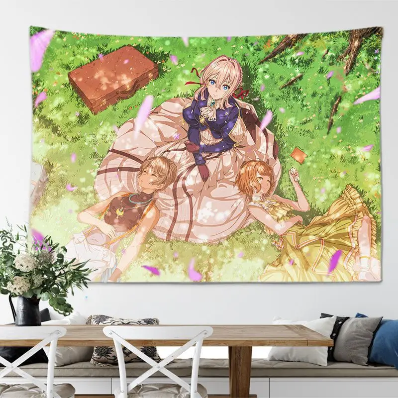 VIKAMA Vintage Anime Violet Evergarden Tapestry Printed Fabric Wall Hanging Aesthetic Dorm Bedroom Home Decor Polyester Cloth