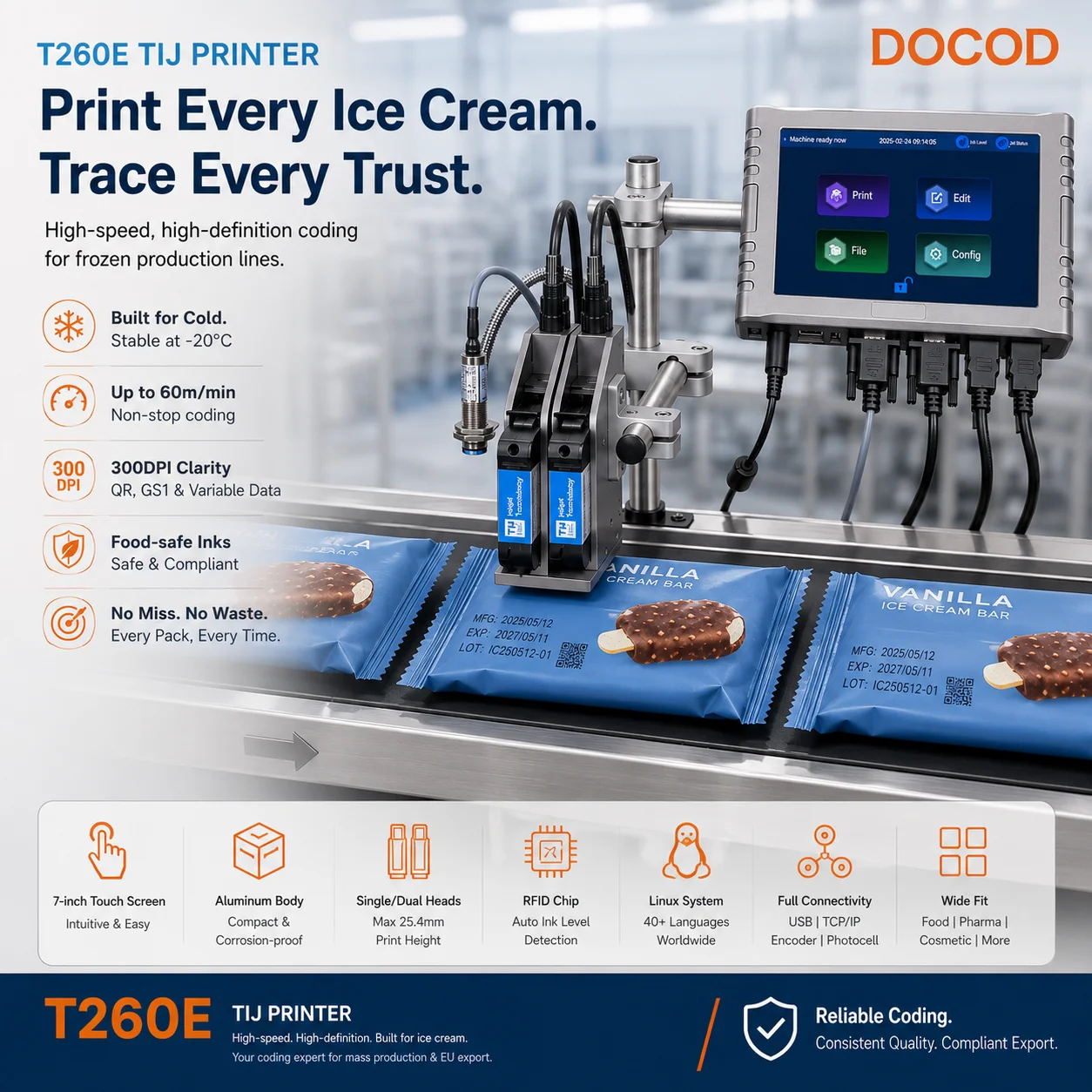 Cheap TIJ Inkjet Printer 7 Inch Touch Screen DOCOD 25.4mm T260E Industrial Expiry Date Coding Machine for Plastic Bag Packing