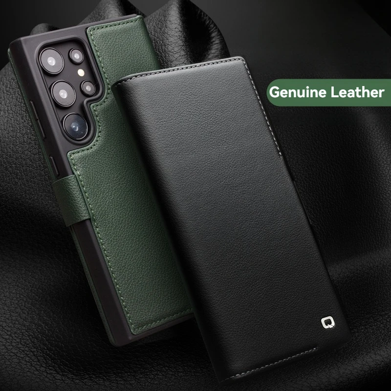 

Side Magnetic Genuine Leather Flip Phone Cover for Samsung Galaxy S25 S24 S23 Plus S22 Ultra with Built-in Wallet Card Case Slot