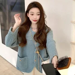 Knitted Top for Women Mesh Cardigan Ladies Sweaters Cute Kawaii Blue Clothing Trend 2024 Winter Thermal Blouse Y2k Vintage Cold