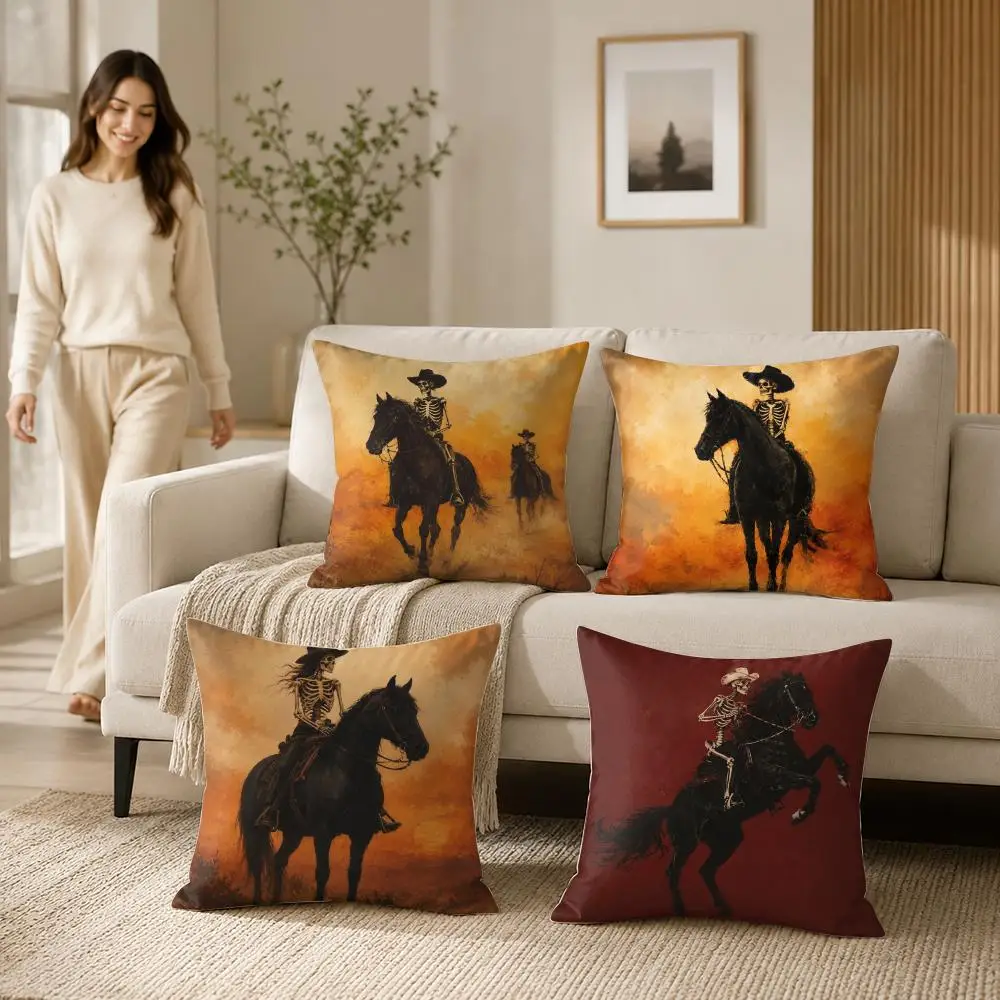 Skeleton Cowboy Horse Riding Cushion Cover Soft Short Plush Double-Sided Printing Home Decor Machine Washable Pillow Case Gift