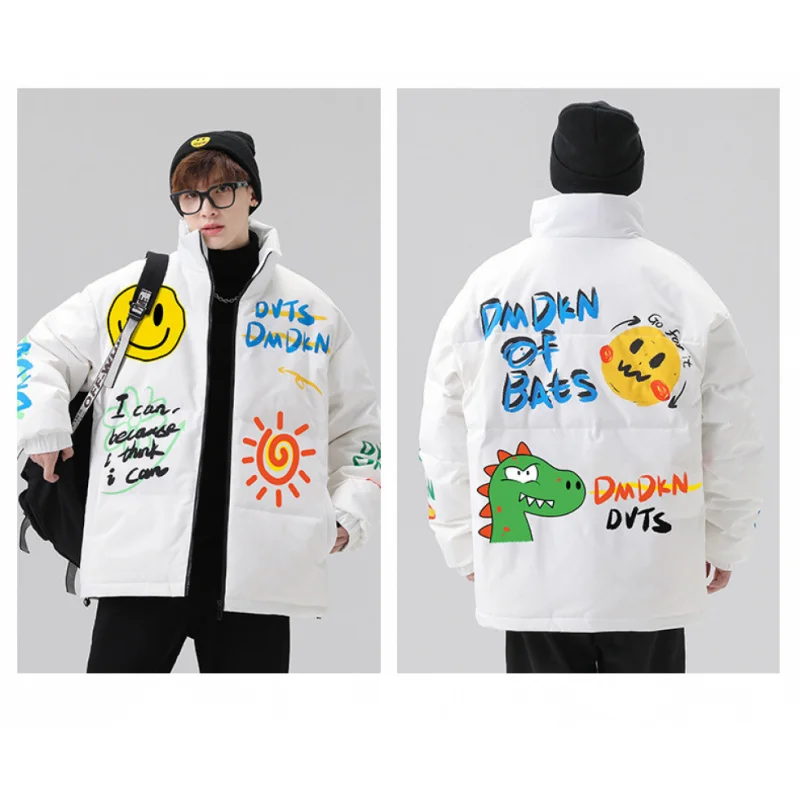 GIOIOMen's Down Jacket，Autumn Winter White Duck Down Filled Inner Liner Stand Collar Graffiti Loose Down Cotton Jacket Coat