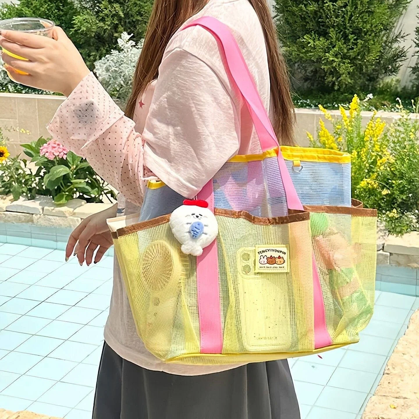 color-block-beach-bag-transparent-summer-waterproof-mesh-handbag-sports-fitness-swimming-dry-wet-separation-single-shoulder-bag