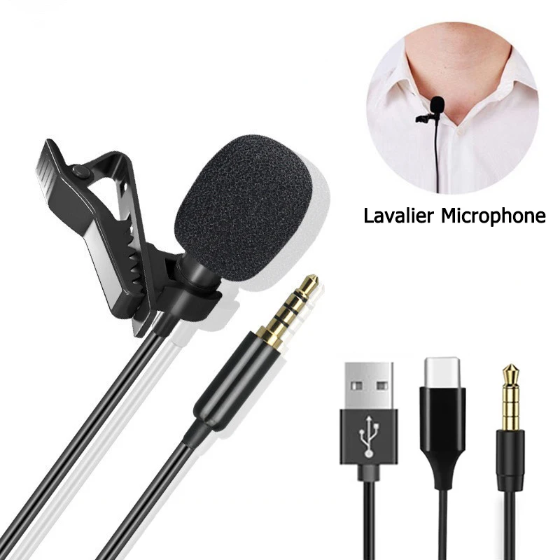 3.5mm Lavalier Mini Microphone USB Type C Clip-on Microfon Condenser Lavalier Tie Clip Mikrof For Cell Smartphone PC Laptops Mic