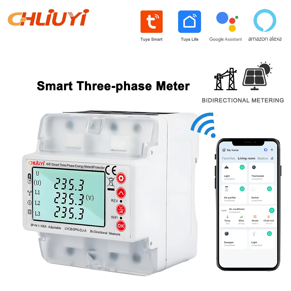 Tuya WiFi 380V 4P Smart Bidirectional Energy Meter with Over/Under Voltage and Over/Under Current Protection and Timer Switch