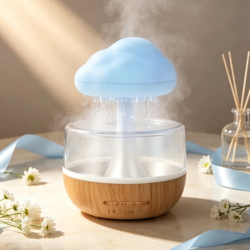 Rain Cloud Humidifier, Raindrop Mushroom Cloud Atmosphere Lamp, Mini Essential Oil Aroma Diffuser Night Light