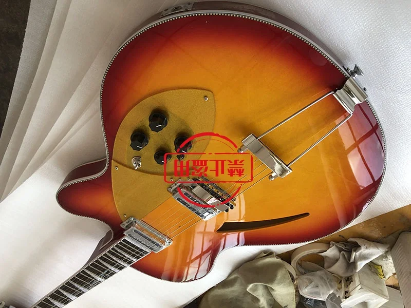 Electric Guitar with Gold Pickguard,  Cherry Burst Color, Full Hollow Body, 360  6 String Guitar, Free Shipping