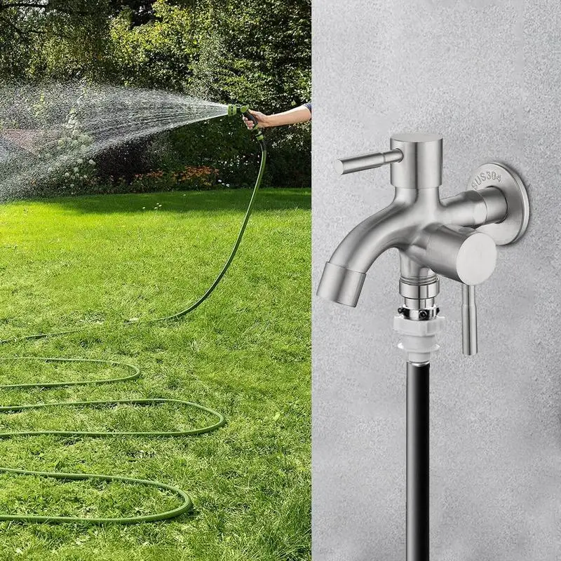 Grifo de agua de doble salida para exteriores, grifo de jardín de acero inoxidable para la industria doméstica, 1 entrada y 2 salidas