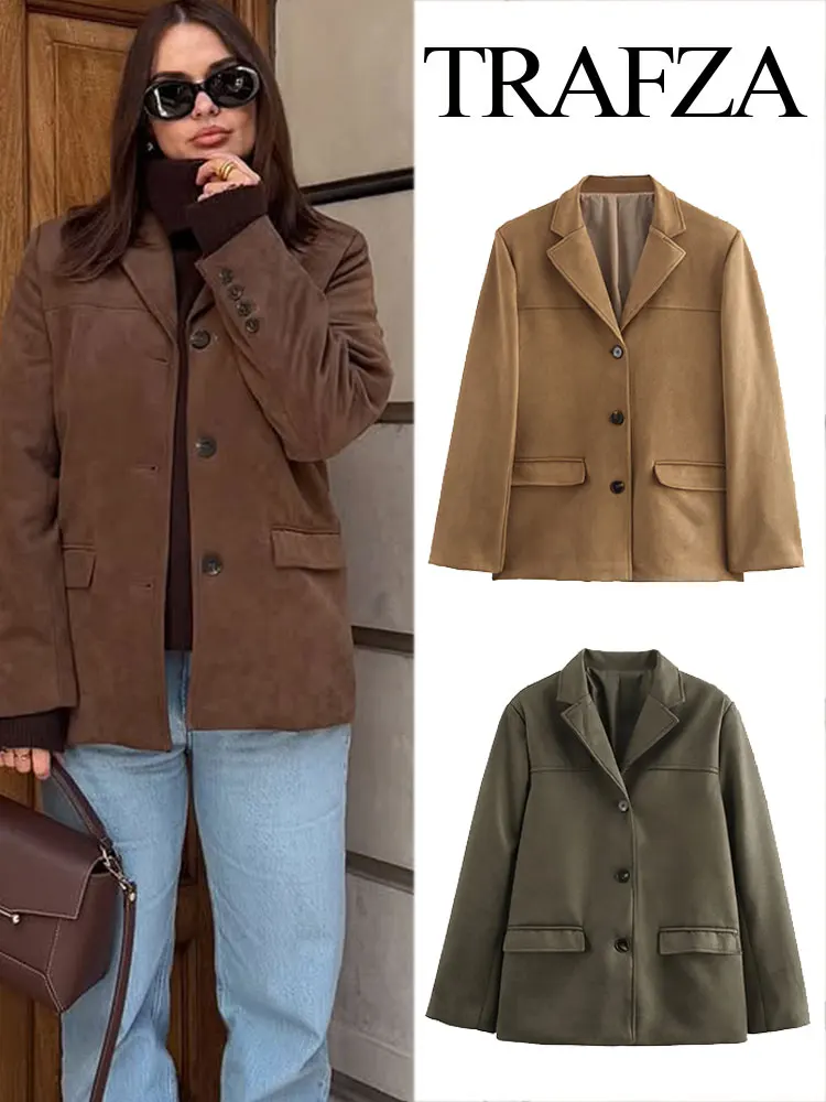 

TRAFZA 2025 Autumn Women's Fashion Retro Commuter Blazer Chic Lapel Single Bretted Women's Street Pocket Long Sleeve Blazer Y2K