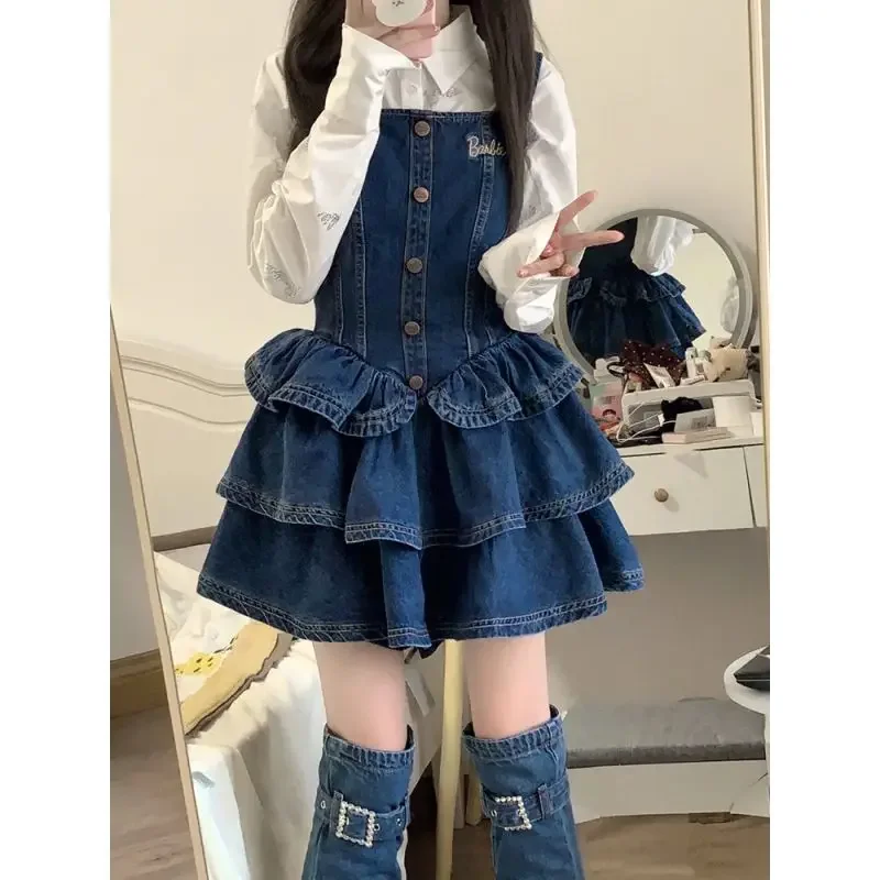 2022 New Versatile Denim Tank Dress Waist-fitted Puff Skirt Mini Petite Dress Set Fashionable Versatile For All Seasons