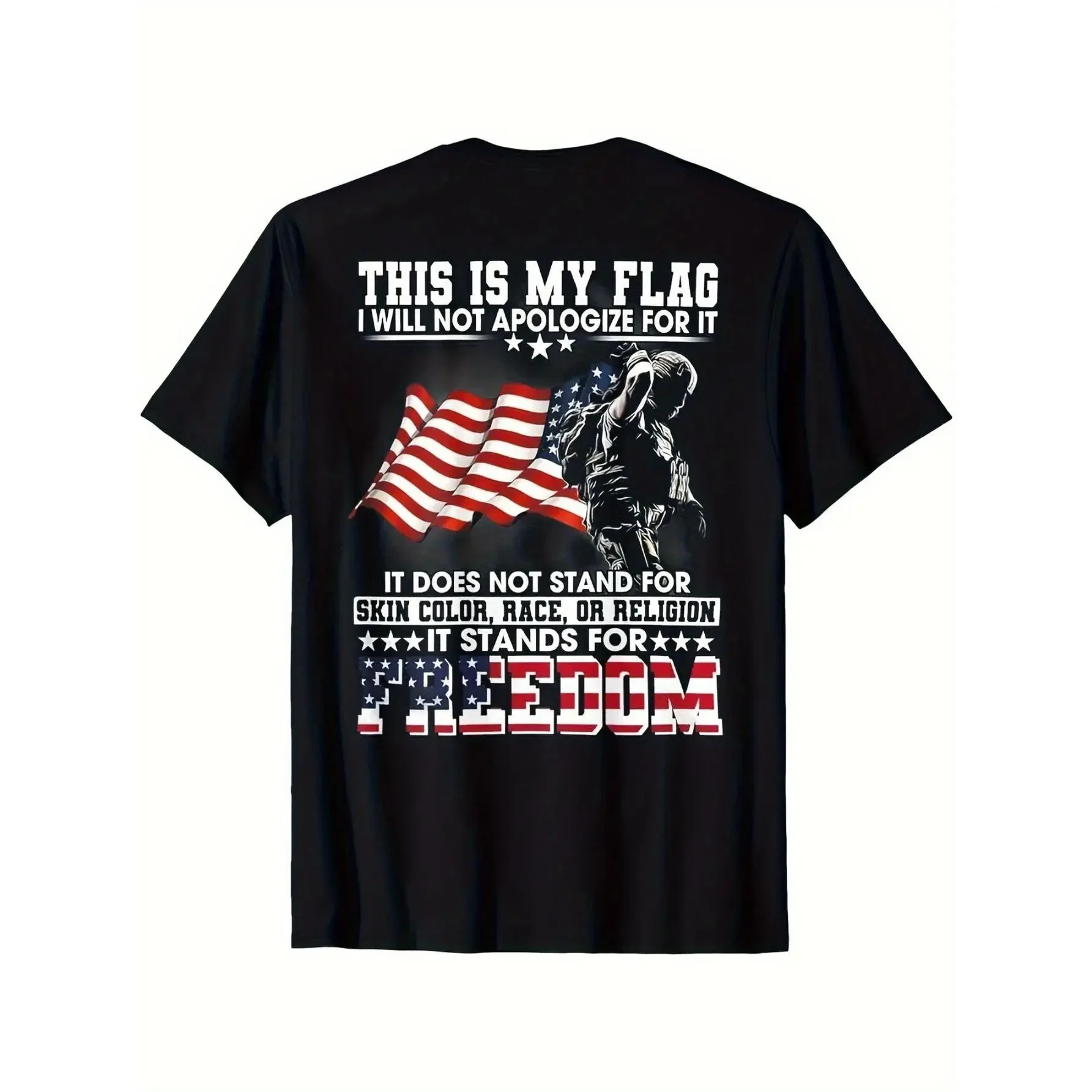 Vintage Patriotic American Flag & Soldier Print T-Shirt - 100% Cotton Unisex Casual Tee with Bold 
