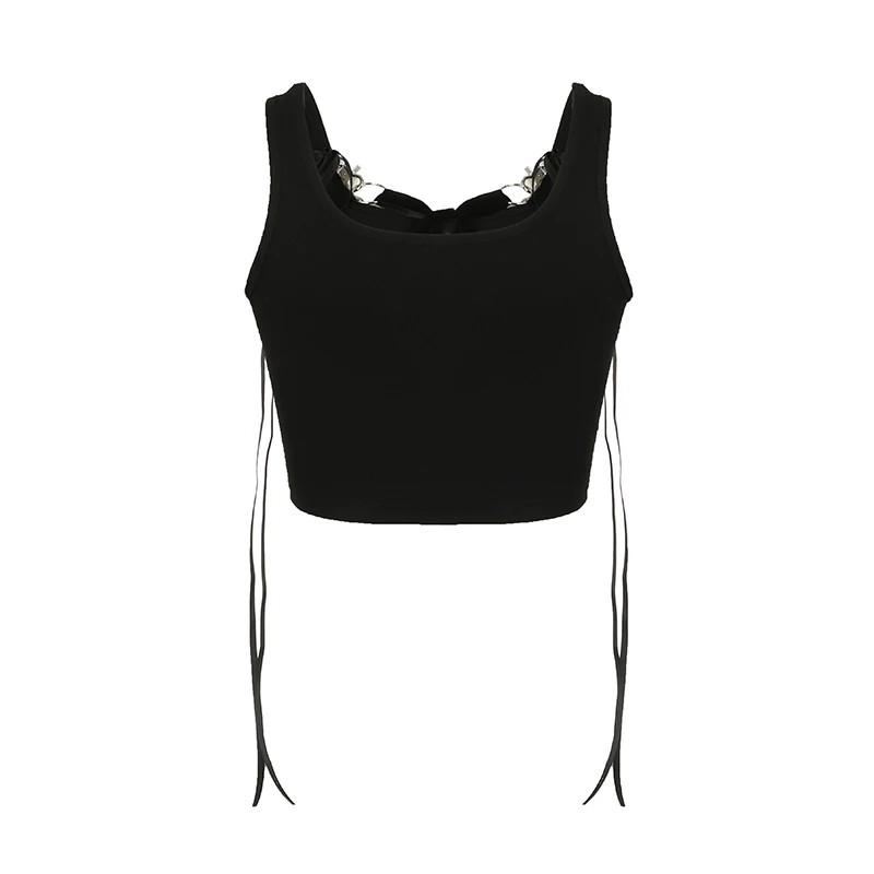 Cibbar Gotische Zwarte Crop Top Vrouwen Metalen Hartvormige Patchwork Tank Tops Streetwear Basis Zomer Tees Y 2K Dames Vest Punkstijl