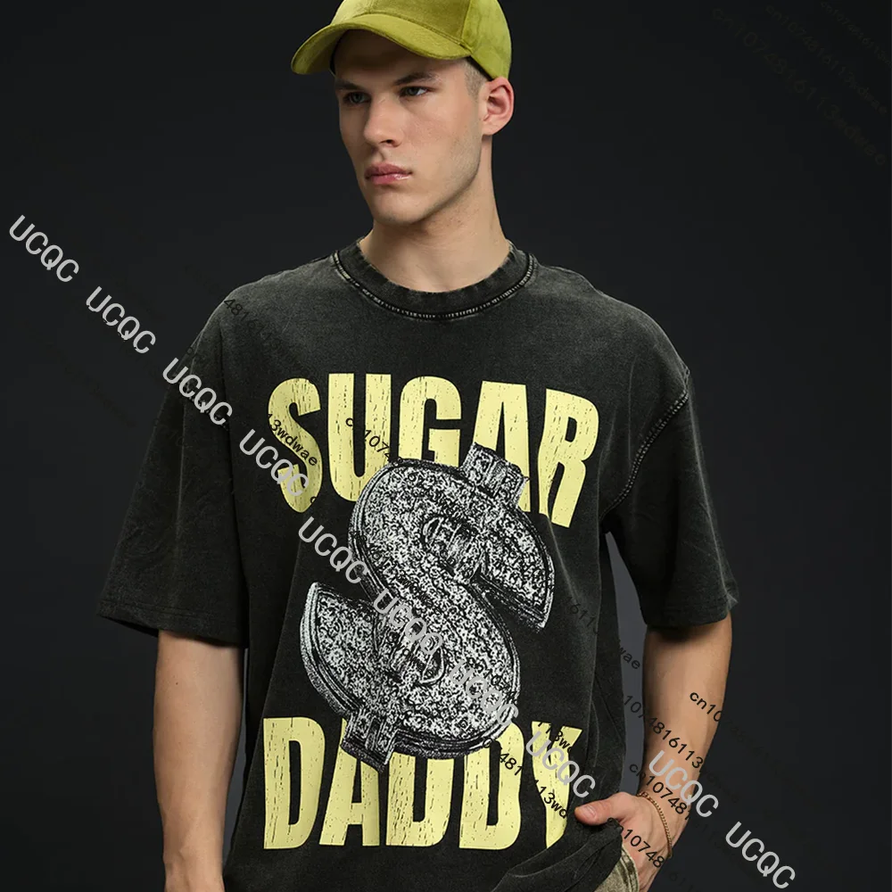 

Vintage Wash Cotton T Shirt Men Distressed Graphic Tee Bling Rhinestone Dollar Sign Print Black Oversize Streetwear Hip Hop Top