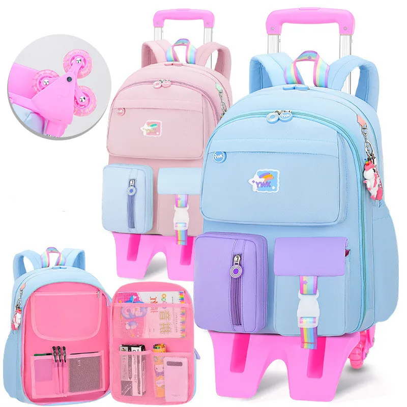 

Children School Backpack Trolley Bag with Wheels Students Backpack Book Bag Rolling School bag for Girls Kids Wheeled Backpacks