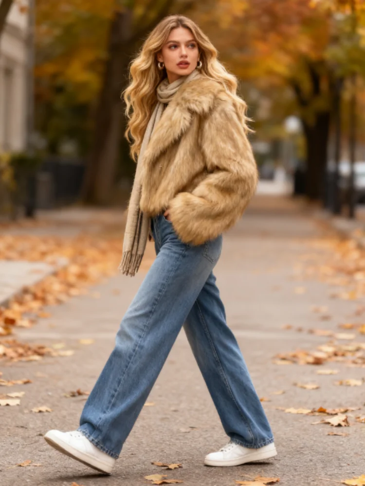 2025 Autunno Inverno Della Signora Della Tuta Sportiva Streetwear Cappotto di Pelliccia delle Donne Dell'annata Solido Grande Gira-Imbottiture Collare Manica Lunga Giacca di Pelliccia Sintetica