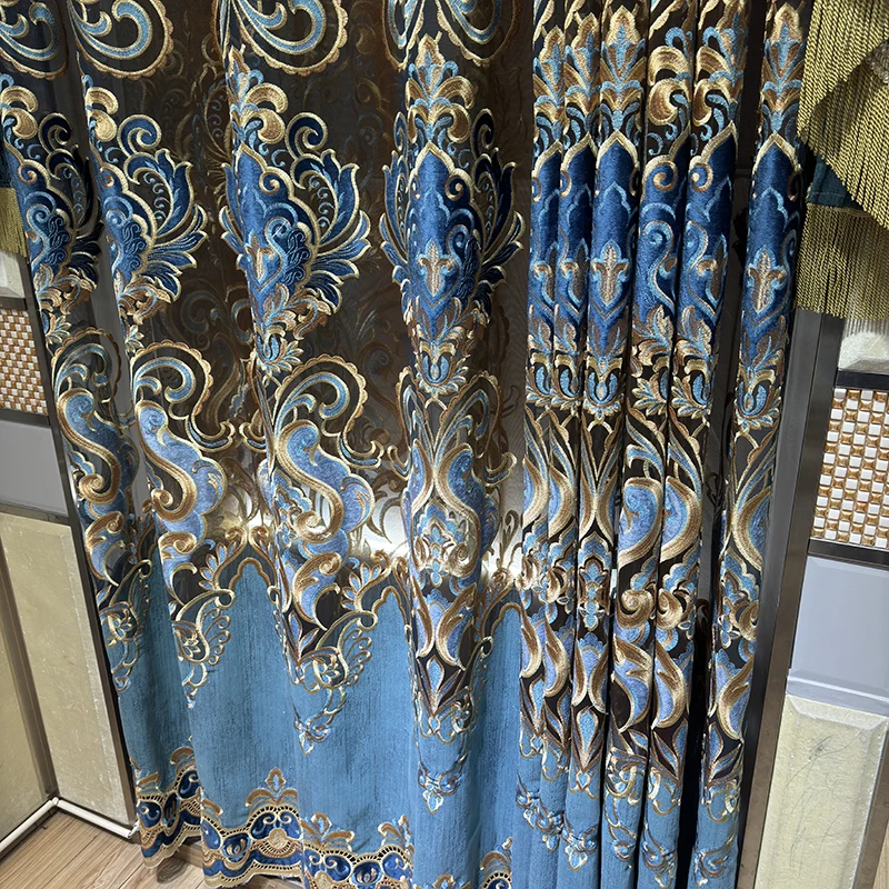 

Luxury Living Room Study Bedroom Bay Window Curtain Cloth European-style Blue Chenille Embroidered Curtain Villa