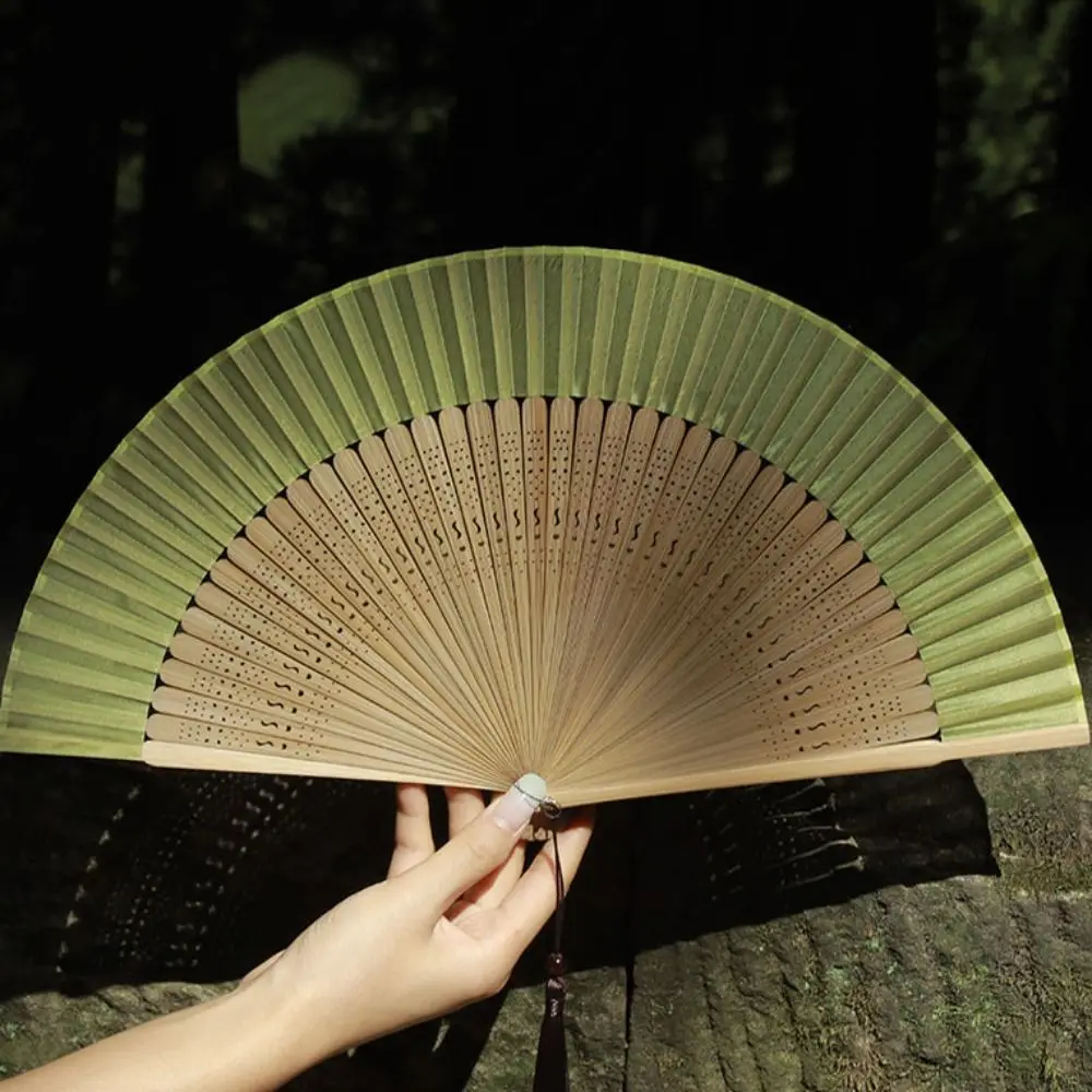 Decorative Fan Carved Handle Bamboo Folding Fan with Tassel Handhold Chinese Fan Vintage Dance Fan Photo Props