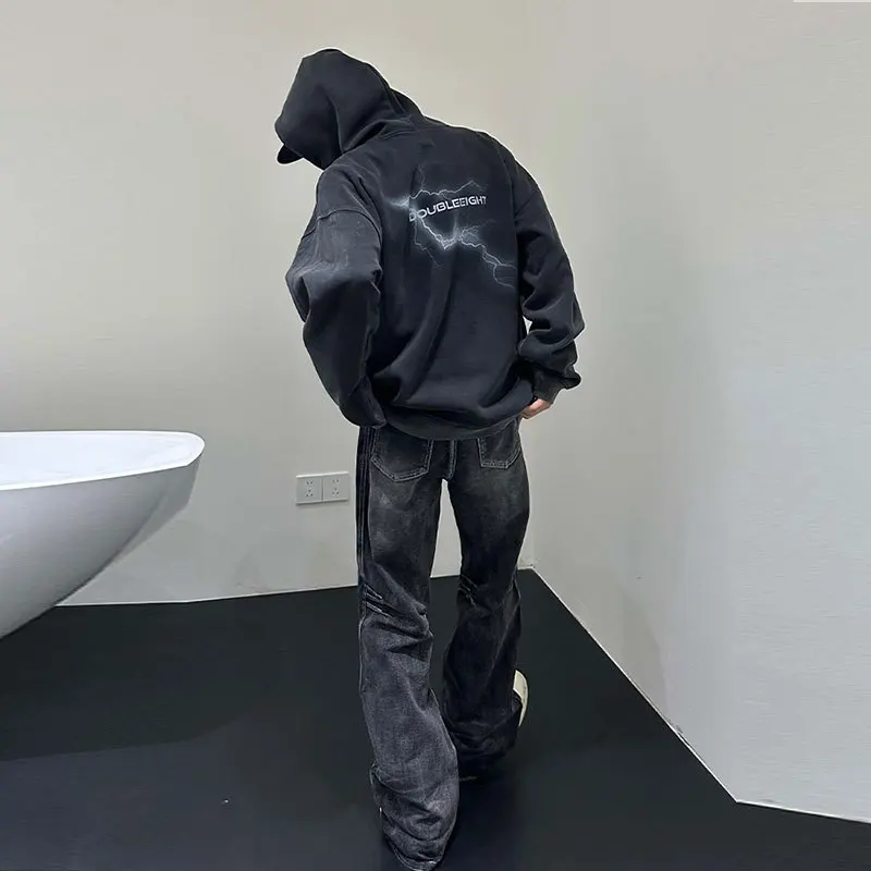 

Men Flare Pants Denim Pant Floor Length Jeans Casual Regular Pockets Button Zipper High Waist Autumn Splice Straight Trousers