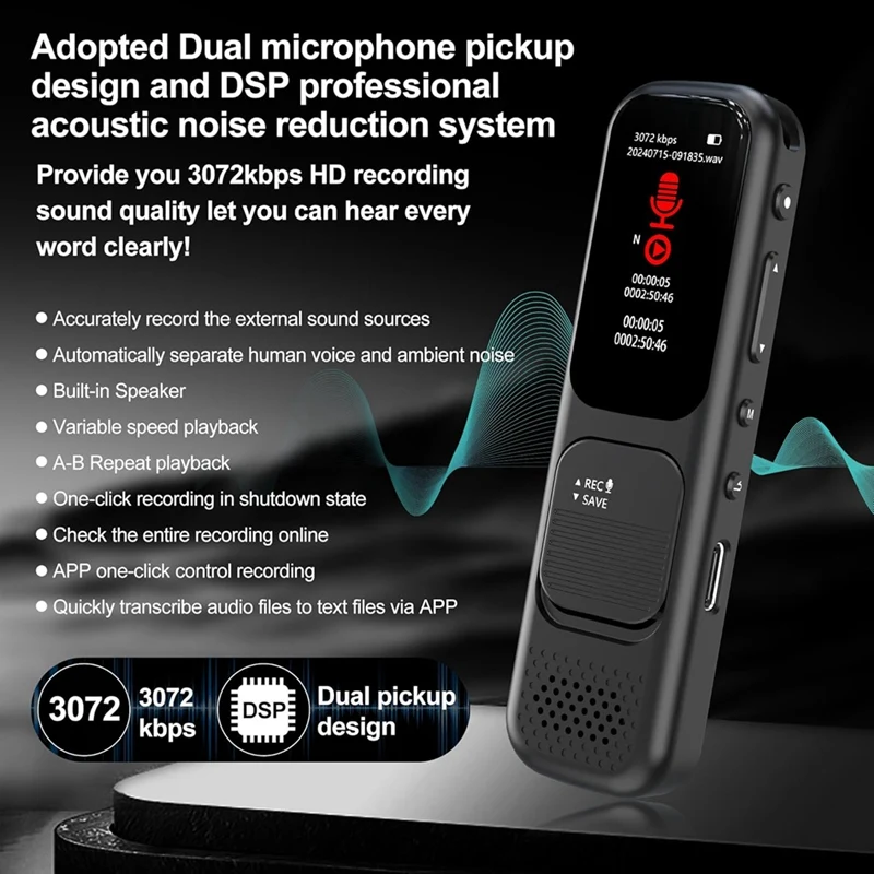 128GB Digital Voice Recorder With APP,Portable Recorder With Transcription To Text, Audio Recorder Device With Playback