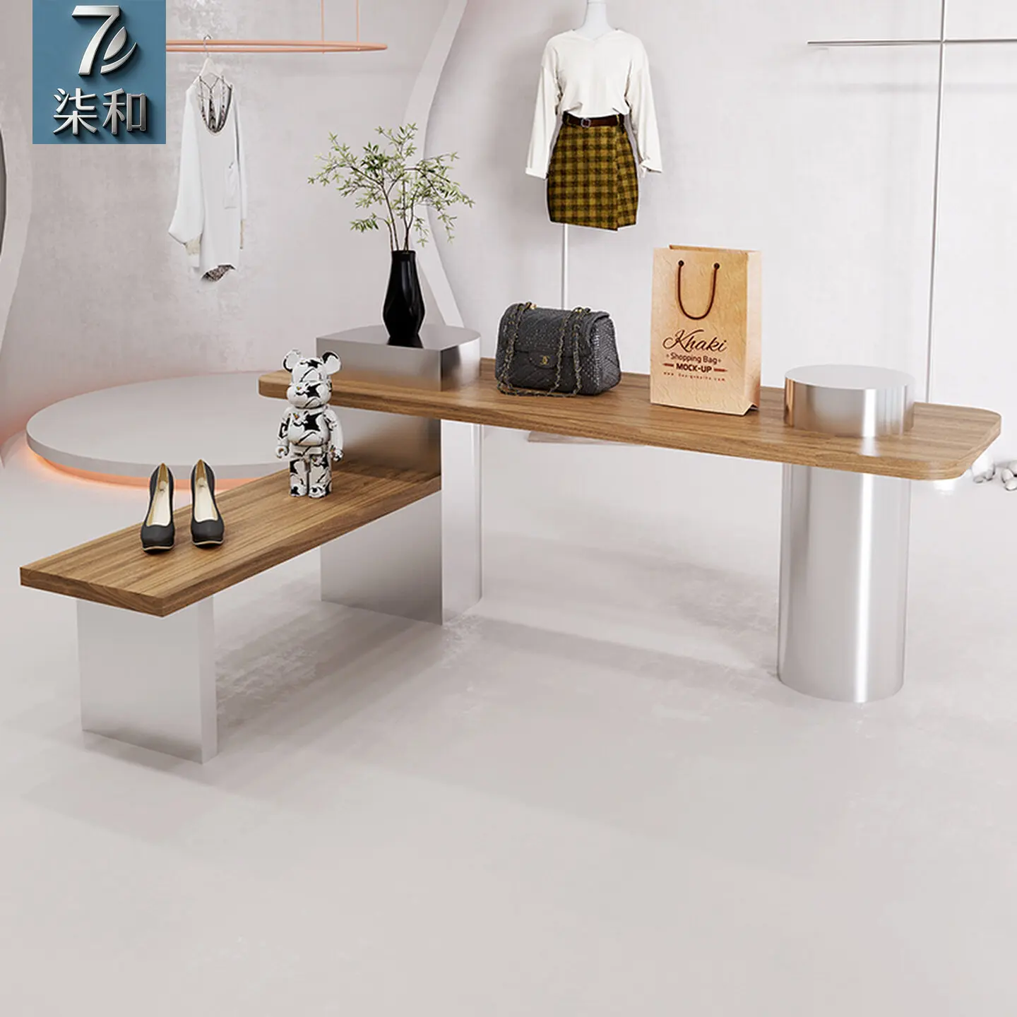 Store commercial Nakajima Taihuitai clothing store display table shoe store display walnut booth in the middle