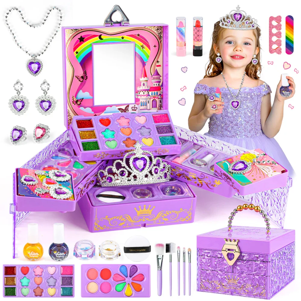46pcs Pretent Crystal Makeup Set for Girls Washable Makeup Kit Kid Nail Art Kit with Cosmetic Case Non-toxic Safe Birthday Gifts