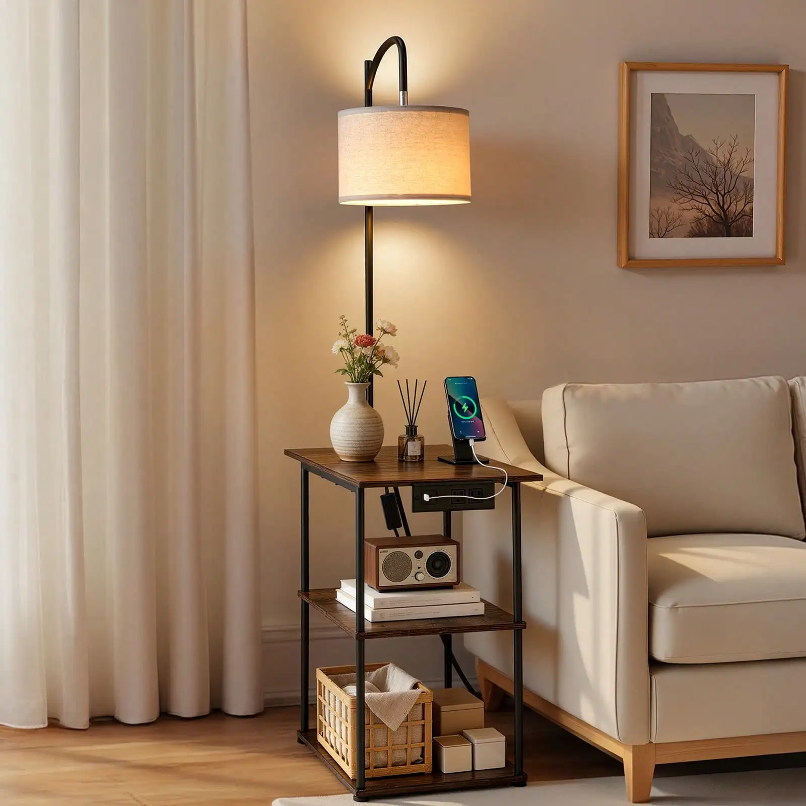 Floor Lamp With Table, Narrow 3-Tier End Table With Open Shelves & 3 Color Temperature Lighting, Side Nightstand Bedside Desk With USB & Type C & AC Charging Port For Living Room, Bedroom, Dorm