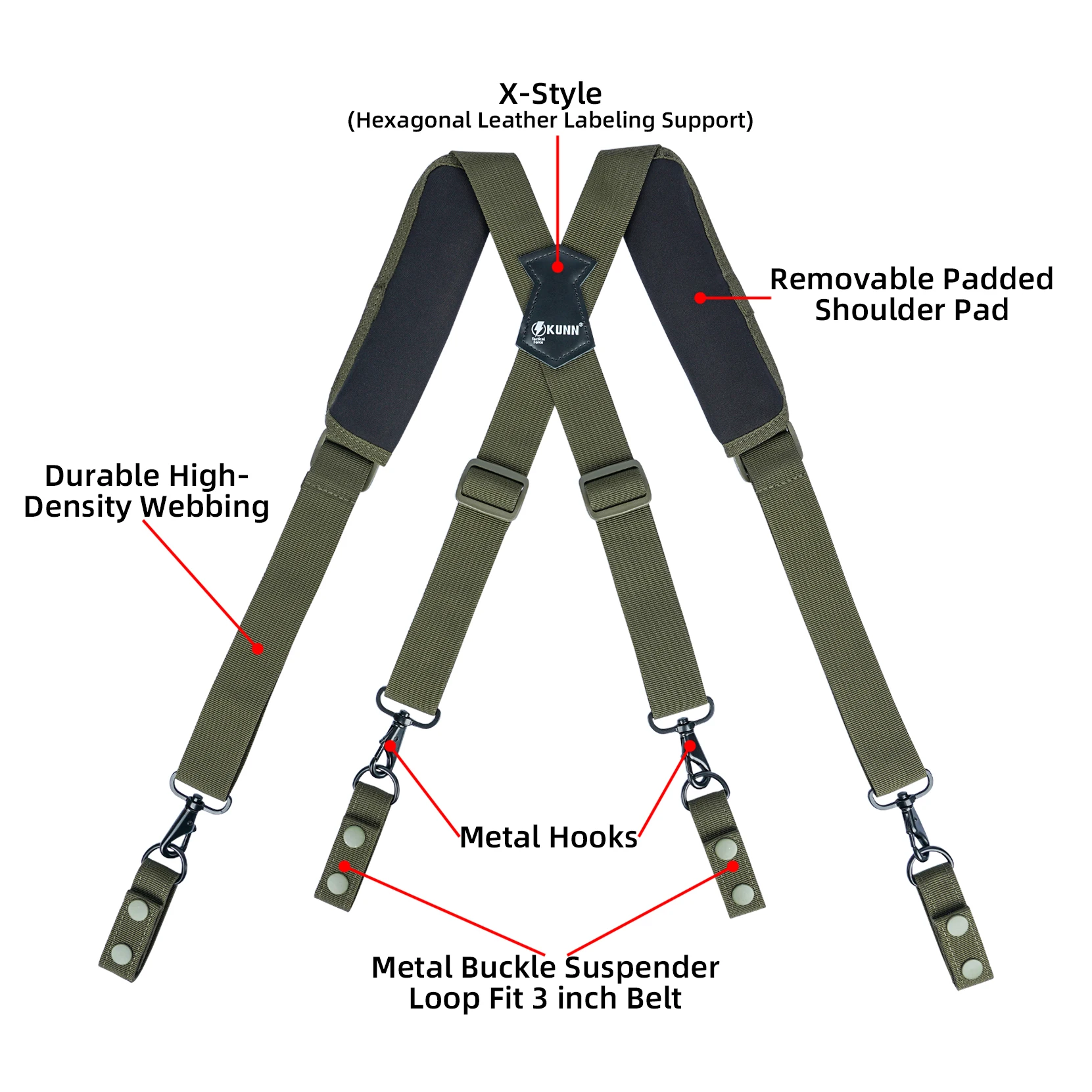 KUNN Tactical Duty Belt Suspenders with Metal Hook,Men Padded Police Harness for Duty Belt