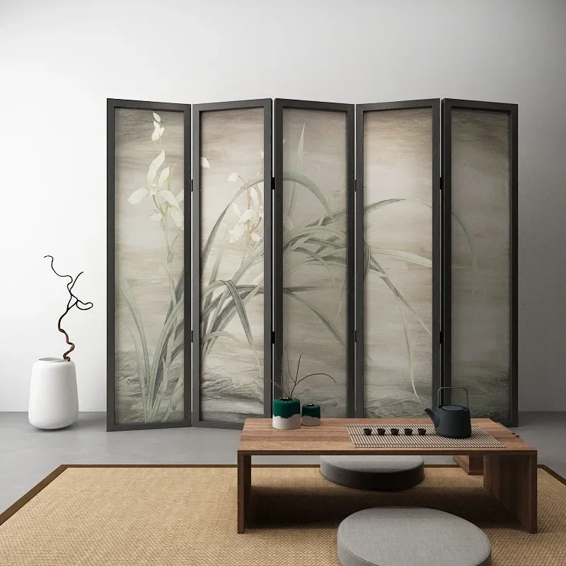 Chinese screen partition modern simple living room hotel office solid wood mobile decoration orchid folding porch folding screen