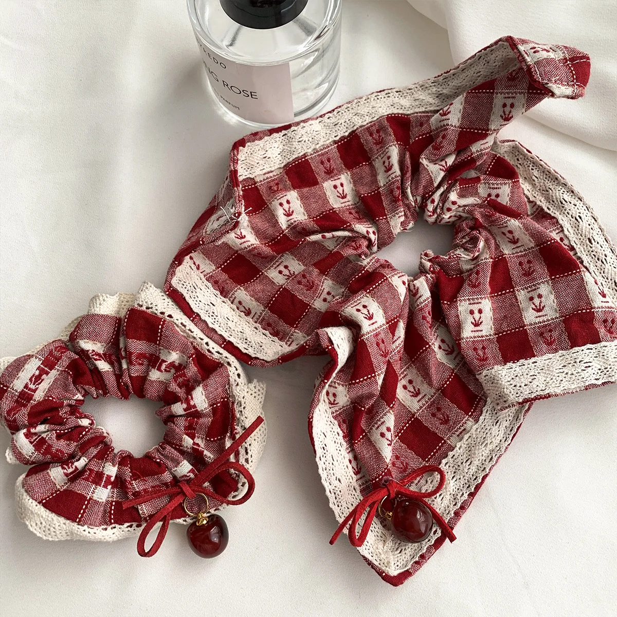 

Women's Scrunchies Sweet Style Red Check Cherry Scrunchie Lace Lace Cherry Square Scarf Hair Rope Hair Accessories Girls Gift