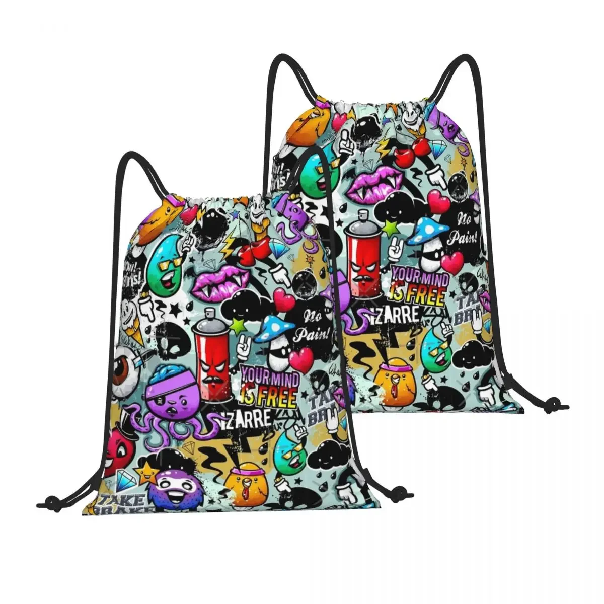 Mochila com cordão graffiti engraçado quadrinhos rostos bolsa de ombro bolso com zíper esportes e viagens caminhadas saco portátil