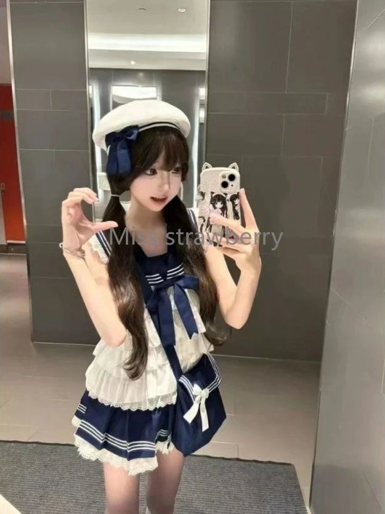 Preppy สไตล์ใหม่แฟชั่นหลวม 2 ชิ้นชุดผู้หญิงฤดูร้อน 2025 แขนกุด Ruffle ชุดกะลาสีหญิงลูกไม้เอวสูงกระโปรงสั้น