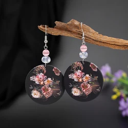 Black Acrylic 3D Print Pink Flower Earrings For Women Vintage Style Round Matte With Cat's Eye Stone Lightness Elegant Jewelry