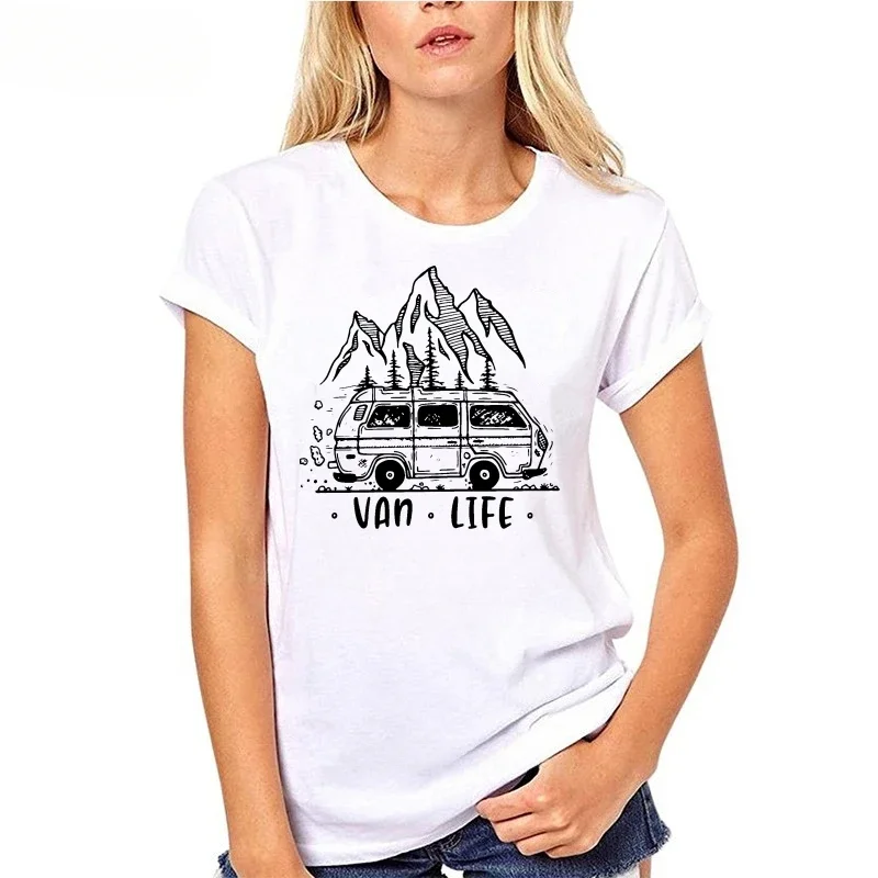 Men Clothing  Van Life Ladies Camping Printed T-Shirt Male Designing T Shirt Top Tee Vintage Outdoor Classic O-neck Woman Tshirt