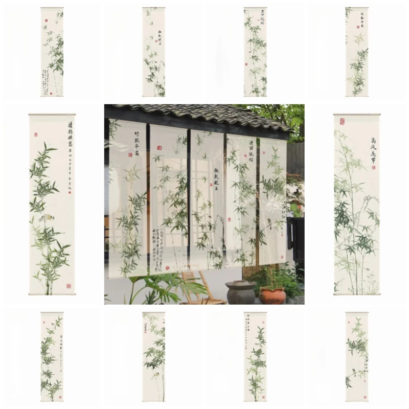 Sheer Gauze Entrance Partition Curtain with Chinese Ink Bamboo Pattern Hanging Decor Curtain for Tea Room Homestay Living Room