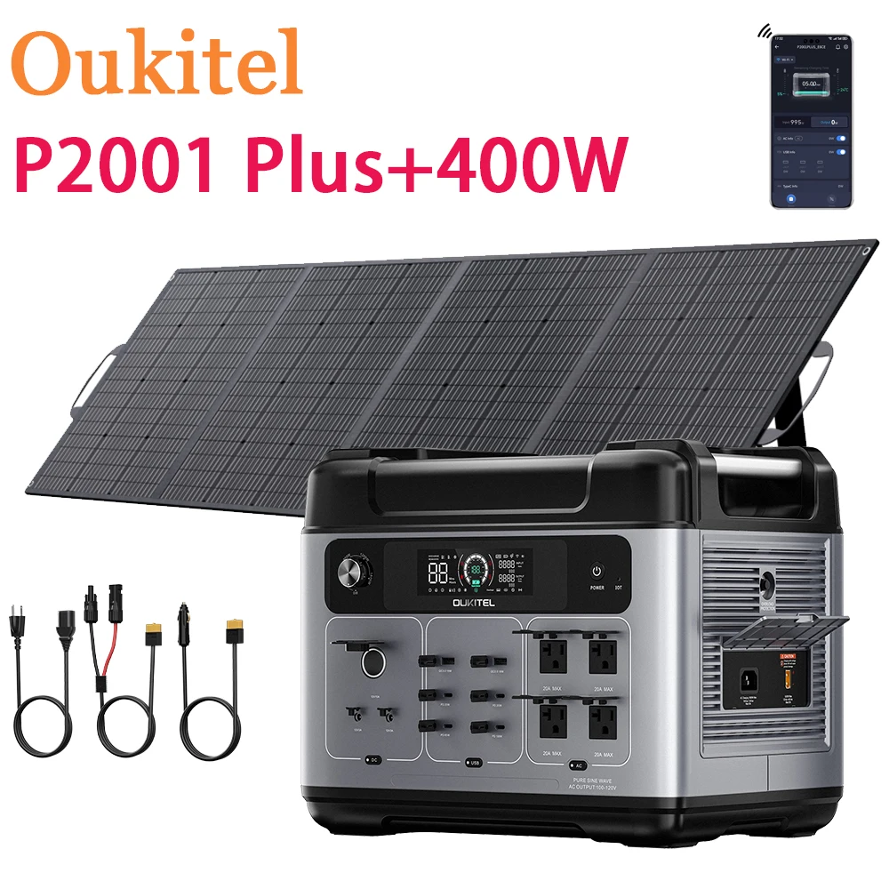 

OUKITEL P2001 Plus Portable Power Station 2400W Ac US Output 2048Wh Lifepo4 Battery 13 Outlets With 400W Solar Panel App Control