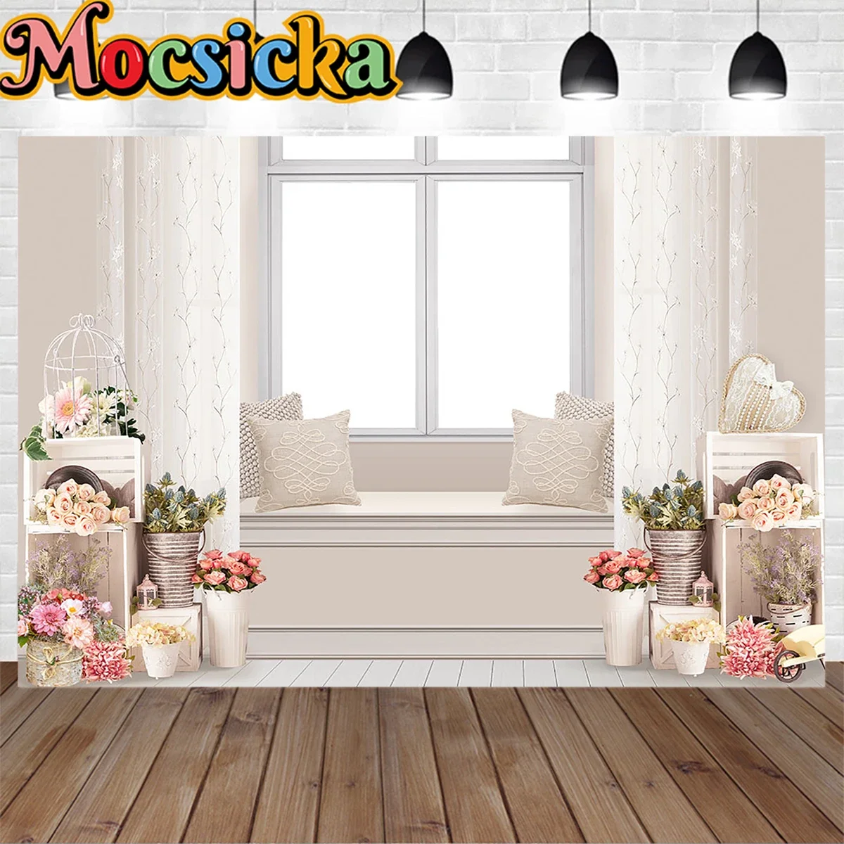 Interior Decoration Studio Wedding Background Prop Flower Potted White Curtains Window Photography Backdrop Newborn Art Photo