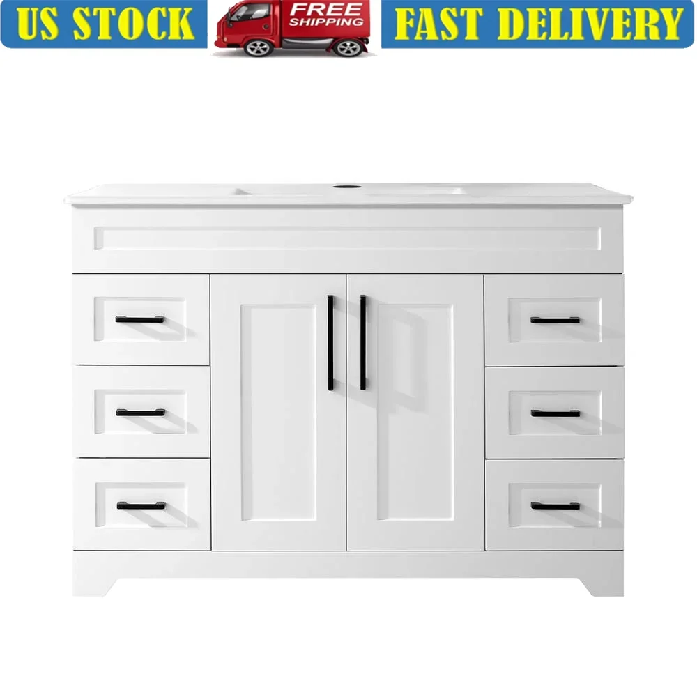 48 Inch Bathroom Vanity Solid Wood Cabinet with Ceramic Sink Soft Close Doors Full Extension Drawers Storage Unit Self Assemble