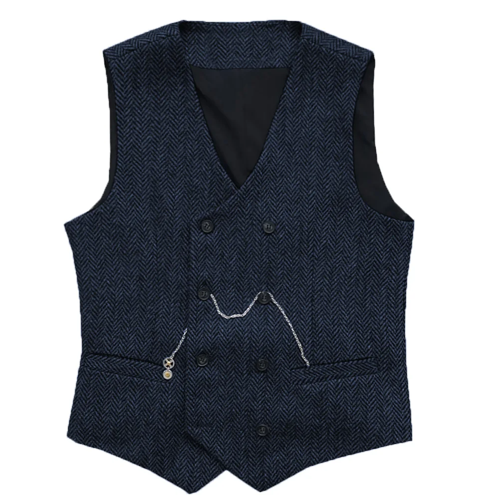 Gilet à Double boutonnage en laine Tweed pour homme, costume marron et noir pour marié et mariage