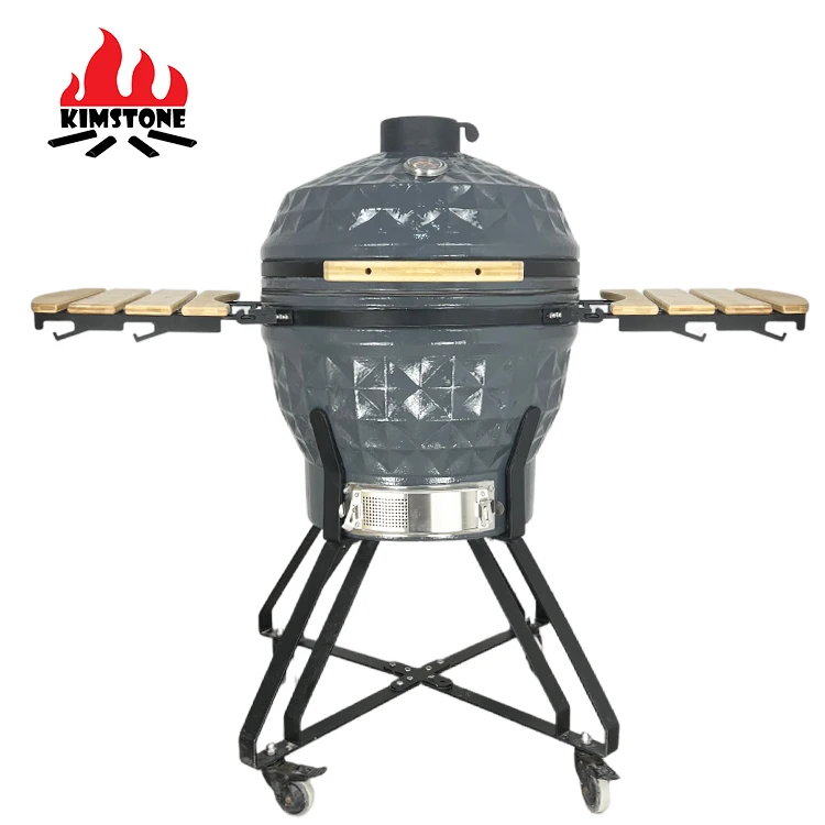 24inch KIMSTONE KimBer Series Diamond Pattern Dark Grey Kamado Grill with Adjustable Height for Home Outdoor BBQ