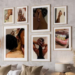 Fashion Black Girl Luxury Lips Golden Teeth Nails Art Canvas Painting Posters And Prints Wall Pictures For Living Room Decor