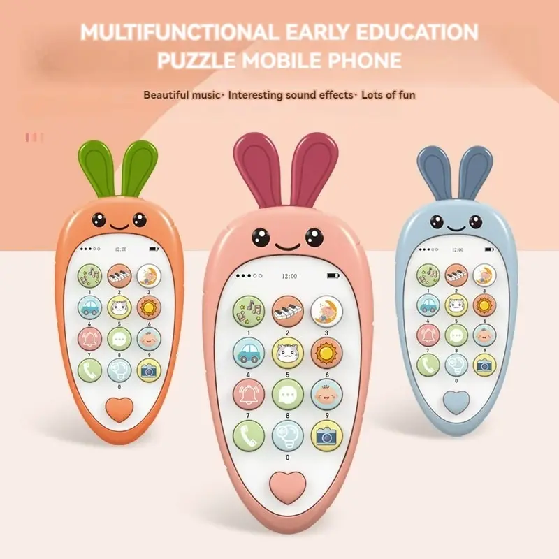 Teléfono Móvil de simulación de rábano de dibujos animados, rompecabezas de bebé, Educación Temprana, historia de música, juguete de teléfono de aprendizaje, 1 piezas