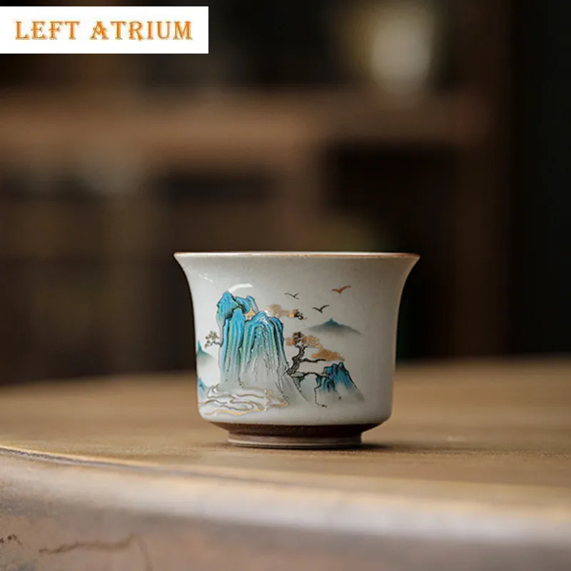 1 Pcs Chinese Retro Ceramic Teacup Handmade Landscape Pattern Tea Bowl Travel Portable Master Meditation Cup Household Tea Set