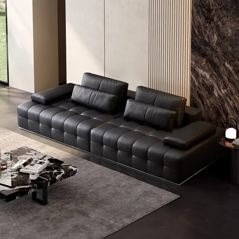 

Italian Minimalist Living Room Furniture Retro Lawrence Big Black Cow Leather Sofa L Shaped Lazy Minimalist Modern Luxury 3seats