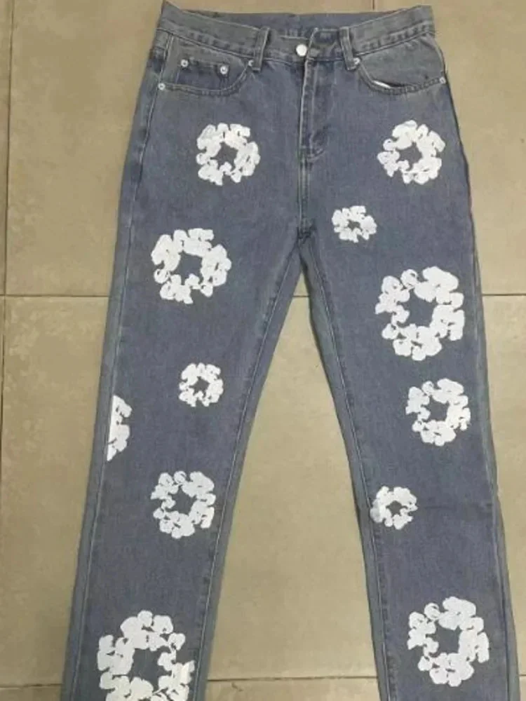 Amerikaanse Trendy Gewassen Jeans Met Kapok-Print 2024 Nieuwe Mode-Unisex Losse Casual Broek Met Rechte Pijpen, Korte Broek En Hiphop Streetwear