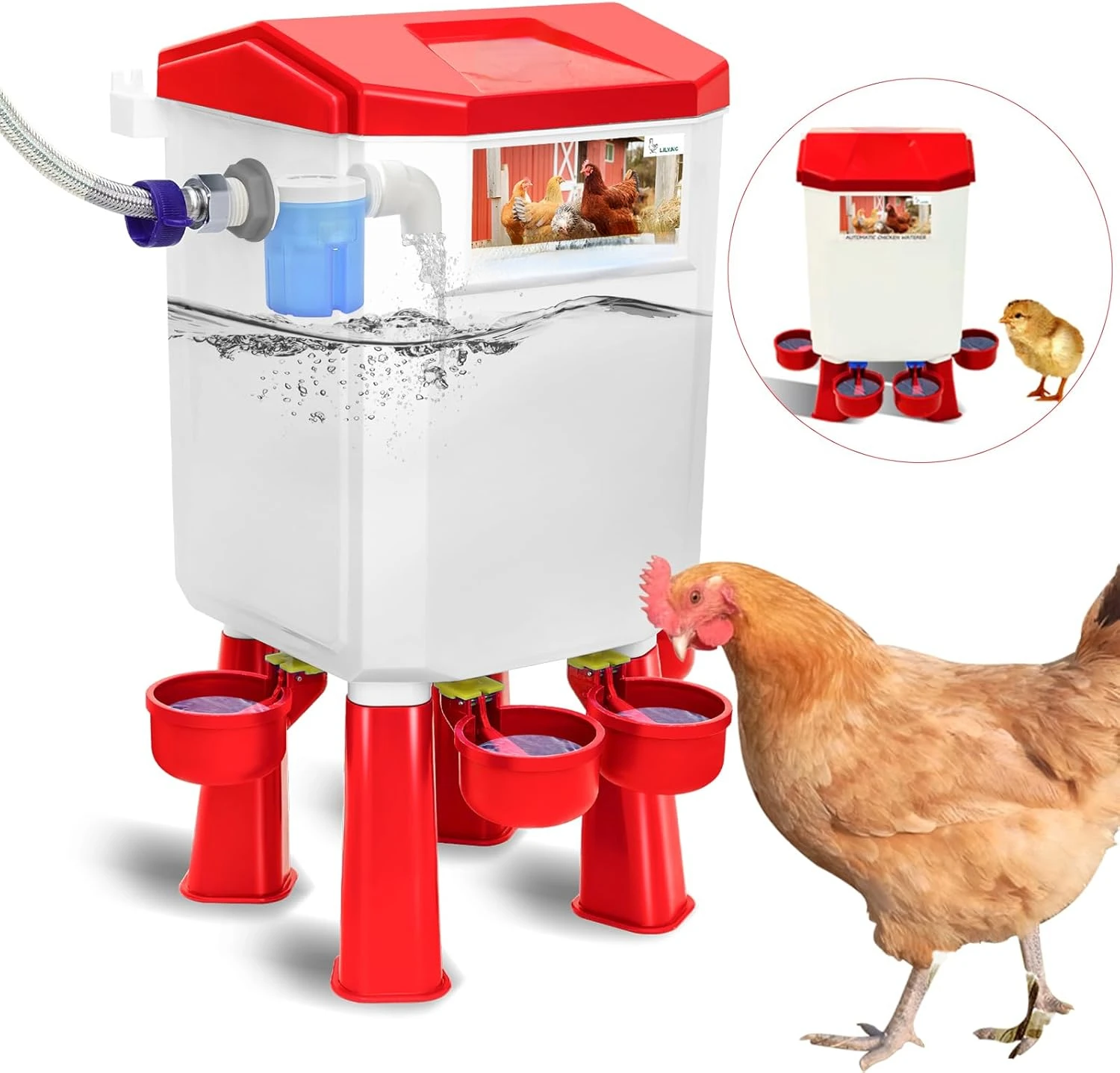 Float-Controlled Automatic Chicken Waterer for Continuous Fresh Water, Self Filling Chicken Waterer with 60 Inch Water Hose