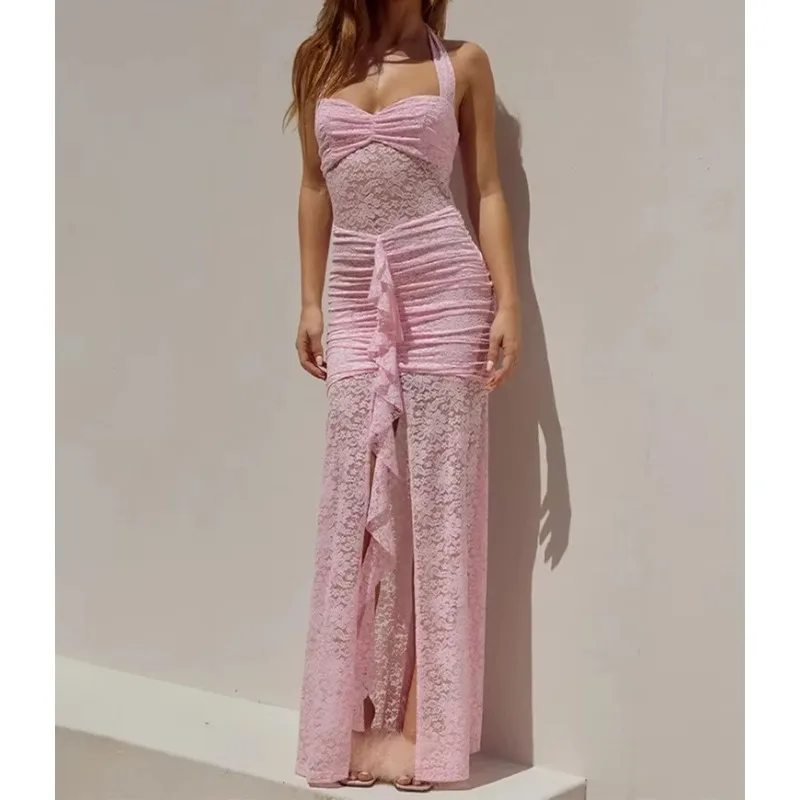 Women Lace Draped Ruched Patchwork Halter Sleeveless Backless Bodycon Maxi Dress Summer Club