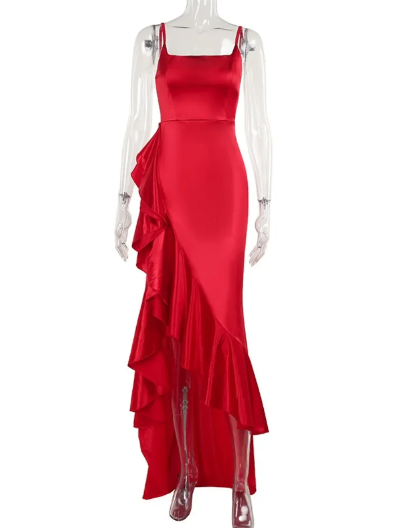 Sexy Spaghetti Strap Ruffles Long Maxi Evening Dress Women Sleeveless High Slit Floor-length Red Formal Occasion Prom Dresses